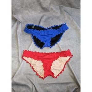 2 Victoria Secret Small S Bikini Bottom Ruffle Cheeky Ruched Back Red and Blue